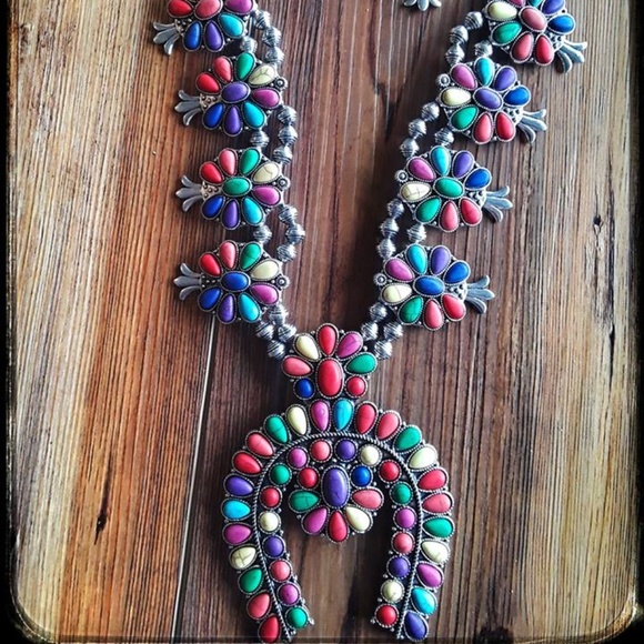 Multi Colored Squash Blossom Necklace with Earring - Picture 1 of 5